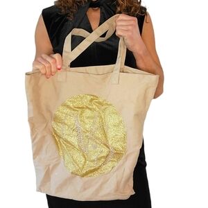Victoria's Secret 14x17" Golden Canvas Tote Bag Creme Gold Jewels VS